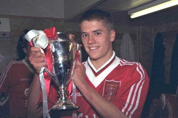 LIVERPOOL, ENGLAND - MAY 1996: Liverpool's players celebrate winning the FA Youth Cup after beating West Ham United during the Final 2nd Leg at Anfield. (Pic by David Rawcliffe/Propaganda)..Back row L-R: Ian Dunbavin, Jamie Carragher, Lee Prior, Jamie Cassidy, Mark Quinn, Gareth Roberts, Roy Naylor, Mark Turkington. Front row L-R: Jon Newby, David Thompson, Phil Brazier, Andy Parkinson, Michael Owen and Stuart Quinn.