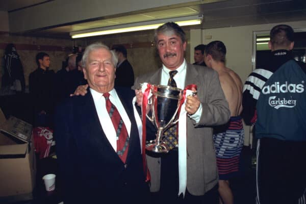 LIVERPOOL, ENGLAND - MAY 1996: Liverpool's Chairman David Moores celebrate with xxxx after the Academy team win the FA Youth Cup after beating West Ham United during the Final 2nd Leg at Anfield. (Pic by David Rawcliffe/Propaganda)