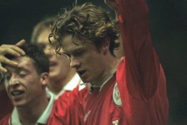 Liverpool, England - Wednesday, November 27th, 1996: Liverpool's Steve McManaman celebrates scoring the opening goal with team-mate Robbie Fowler during the 4-2 victory over Arsenal during the 4th Round of the League Cup at Anfield. (Pic by David Rawcliffe/Propaganda)