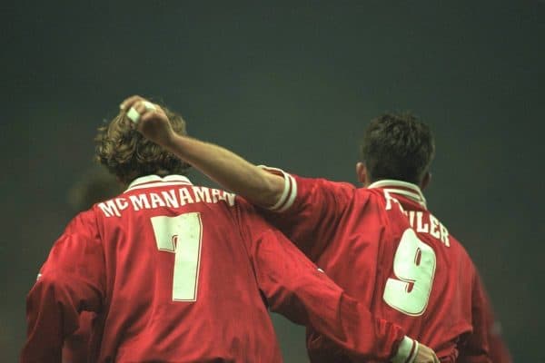 Liverpool, England - Wednesday, November 27th, 1996: Liverpool's Steve McManaman celebrates scoring the opening goal with team-mate Robbie Fowler during the 4-2 victory over Arsenal during the 4th Round of the League Cup at Anfield. (Pic by David Rawcliffe/Propaganda)