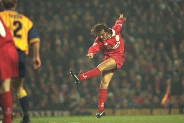 Liverpool, England - Wednesday, November 27th, 1996: Liverpool's Patrik Berger scores the fourth goal during the 4-2 victory over Arsenal during the 4th Round of the League Cup at Anfield. (Pic by David Rawcliffe/Propaganda)