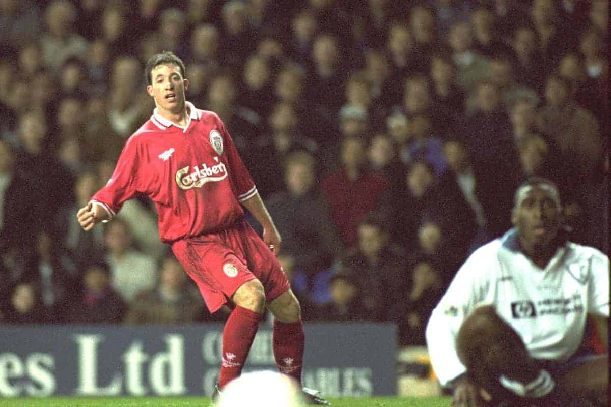 London, England - Monday, December 2, 1996: Liverpool's Robbie Fowler and Tottenham Hotspur's Sol Campbell during the Premier League match at White Hart Lane. (Pic by David Rawcliffe/Propaganda)