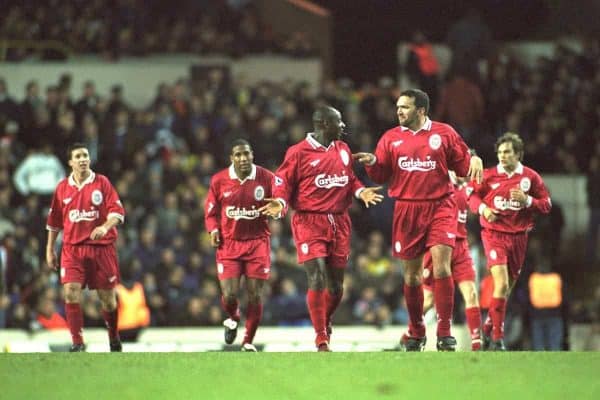 London, England - Monday, December 2, 1996: Liverpool's Neil Ruddock celebrates with goal scorer Michael Thomas during the 2-0 Premier League victory over Tottenham Hotspur at White Hart Lane. (Pic by David Rawcliffe/Propaganda)