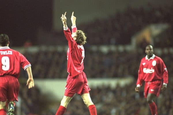 London, England - Monday, December 2, 1996: Liverpool's Steve McManaman celebrates scoring the second goal against Tottenham Hotspur during the Premiership match at White Hart Lane. (Pic by David Rawcliffe/Propaganda)