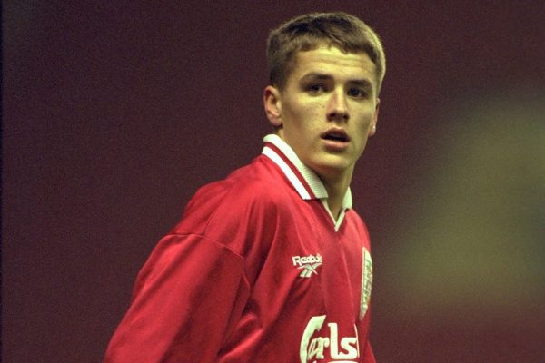 LIVERPOOL, ENGLAND - Tuesday, January 7, 1997: Liverpool's Michael Owen in action against Manchester United during the FA Youth Cup match at Anfield. United won 2-1. (Pic by David Rawcliffe/Propaganda)