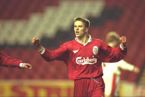 LIVERPOOL, ENGLAND - Tuesday, January 7, 1997: Liverpool's Michael Owen celebrates scoring from the penalty spot Manchester United during the FA Youth Cup match at Anfield. United won 2-1. (Pic by David Rawcliffe/Propaganda)