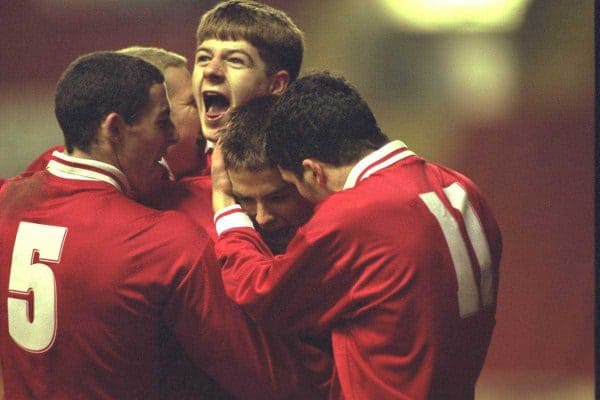 LIVERPOOL, ENGLAND - Tuesday, January 7, 1997: Liverpool's Michael Owen celebrates scoring from the penalty spot Manchester United with team-mate Steven Gerrard during the FA Youth Cup match at Anfield. United won 2-1. (Pic by David Rawcliffe/Propaganda)