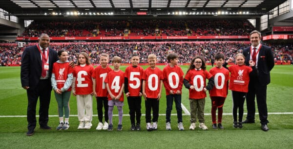 LFC Foundation reveal £1.45 Million Pounds Raised Pic Shows John Barnes With Billy Gerard and CEO Matt Parish the Premier League match between Liverpool FC and Brentford FC at Anfield on May 06, 2023 in Liverpool, England. (Photo by Andrew Powell/Liverpool FC via Getty Images)