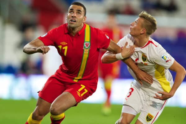 CARDIFF, WALES - Friday, October 11, 2013: Wales' Hal Robson-Kanu in action against Macedonia's Ezgjan Alioski during the 2014 FIFA World Cup Brazil Qualifying Group A match at the Cardiff City Stadium. (Pic by David Rawcliffe/Propaganda)