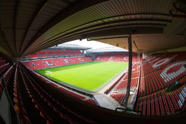 The view of the Anfield pitch from the Anfield Road Upper Stand, centre of Block 221.