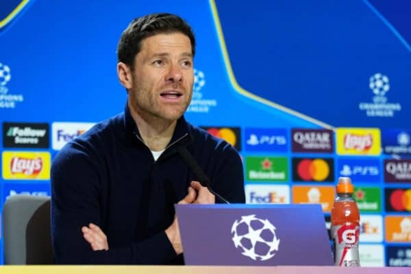 MADRID, SPAIN - JANUARY 21: Xabi Alonso, Head Coach of Bayer 04 Leverkusen, speaks to the media in post match press conference after the UEFA Champions League 2024/25 League Phase MD7 match between Atletico de Madrid and Bayer 04 Leverkusen at Riyadh Air Metropolitano on January 21, 2025 in Madrid, Spain. (Photo by Aitor Alcalde - UEFA/UEFA via Getty Images)