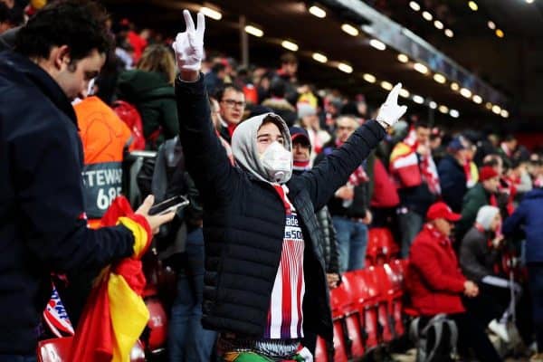 There were 3,000 fans in the away end when Atletico Madrid played Liverpool at Anfield last month (Peter Byrne/PA)