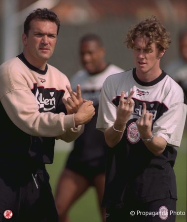 Liverpool's Neil Ruddock (L) and Steve McManaman during at the club's Melwood Training Ground. (Pic by David Rawcliffe/Propaganda)