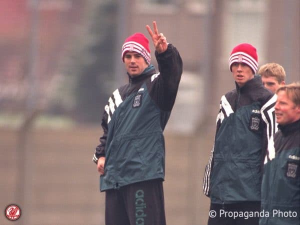 Liverpool's Jamie Redknapp (L) and Steve McManaman during a training session at the club's Melwood Training Ground. (Pic by David Rawcliffe/Propaganda)