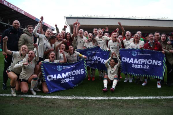 BRISTOL, ENGLAND - Sunday, April 3, 2022: Liverpool players becoming Champions after winning the FA Women’s Championship beating Bristol City 4-2 in a Round 20 match between Bristol City FC Women and Liverpool FC Women at Ashton Gate. (Pic by Geoff Caddick/Propaganda)