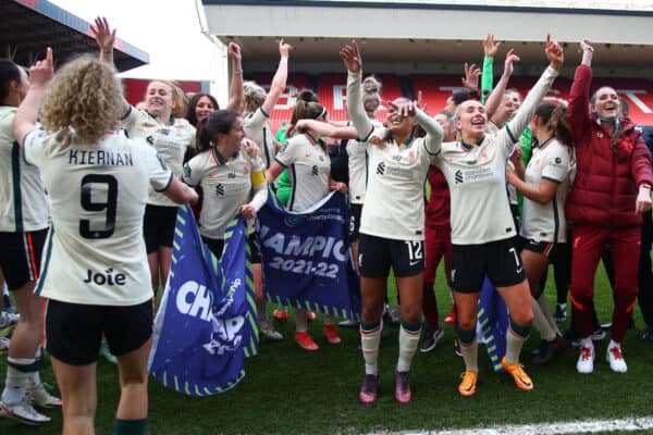 BRISTOL, ENGLAND - Sunday, April 3, 2022: Liverpool players becoming Champions after winning the FA Women’s Championship beating Bristol City 4-2 in a Round 20 match between Bristol City FC Women and Liverpool FC Women at Ashton Gate. (Pic by Geoff Caddick/Propaganda)