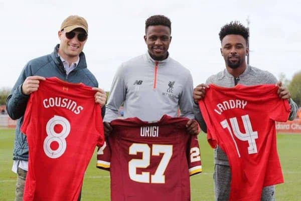 Washington Redskins Quarterback Kirk Cousins and Miami Dolphins Wide Receiver Jarvis Landry meet Liverpool's Divock Origi at Liverpool FC Academy Kirby Liverpool on Tuesday April 11th 2017 Picture Dave Shopland/NFL Uk