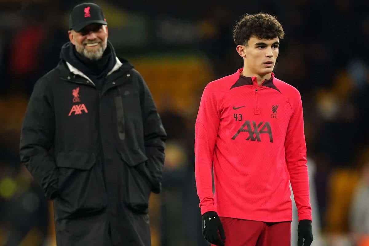 Liverpool’s Stefan Bajcetic, watched by manager Jurgen Klopp, warms up prior to the Emirates FA Cup third-round replay match at Molineux Picture date: Tuesday January 17, 2023.