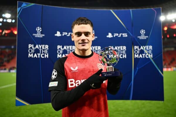 LEVERKUSEN, GERMANY - NOVEMBER 26: Florian Wirtz of Bayer 04 Leverkusen poses for a photo with the PlayStation Player Of The Match award after the team's victory in the UEFA Champions League 2024/25 League Phase MD5 match between Bayer 04 Leverkusen and FC Salzburg at BayArena on November 26, 2024 in Leverkusen, Germany. (Photo by Alexander Scheuber - UEFA/Getty Images)