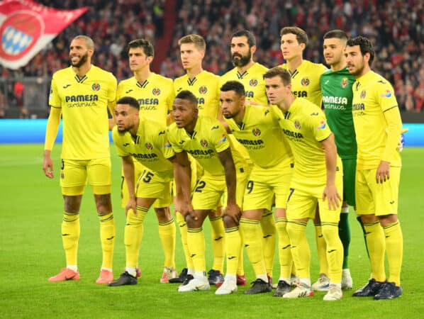 MUNICH, GERMANY - APRIL 12: Players of Villarreal CF pose for a team photo prior to the UEFA Champions League Quarter Final Leg Two match between Bayern München and Villarreal CF at Football Arena Munich on April 12, 2022 in Munich, Germany. (Photo by Sebastian Widmann - UEFA/UEFA via Getty Images)