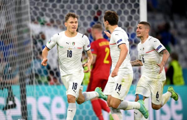 MUNICH, GERMANY - JULY 02: Nicolo Barella of Italy celebrates after scoring their side's first goal during the UEFA Euro 2020 Championship Quarter-final match between Belgium and Italy at Football Arena Munich on July 02, 2021 in Munich, Germany. (Photo by Sebastian Widmann - UEFA)