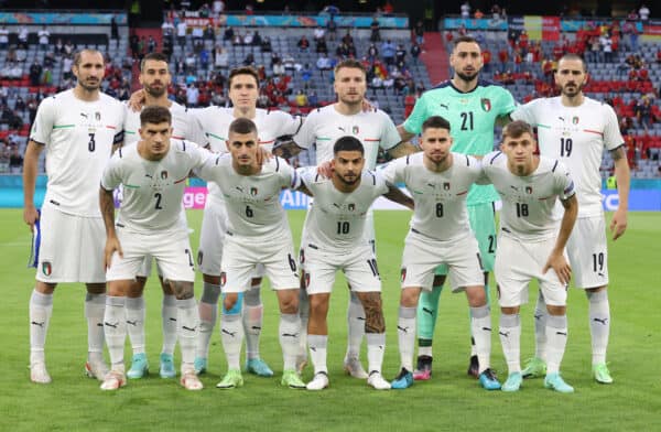 MUNICH, GERMANY - JULY 02: Players of Italy pose for a team photograph prior to the UEFA Euro 2020 Championship Quarter-final match between Belgium and Italy at Football Arena Munich on July 02, 2021 in Munich, Germany. (Photo by Alex Grimm - UEFA)