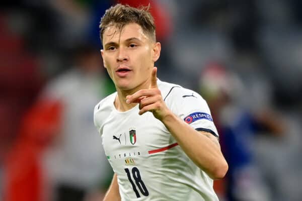 MUNICH, GERMANY - JULY 02: Nicolo Barella of Italy celebrates after scoring their side's first goal during the UEFA Euro 2020 Championship Quarter-final match between Belgium and Italy at Football Arena Munich on July 02, 2021 in Munich, Germany. (Photo by Sebastian Widmann - UEFA)