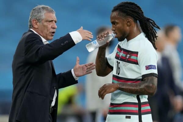 SEVILLE, SPAIN - JUNE 27: Fernando Santos, Head Coach of Portugal gives instructions to Renato Sanches of Portugal during the UEFA Euro 2020 Championship Round of 16 match between Belgium and Portugal at Estadio La Cartuja on June 27, 2021 in Seville, Spain. (Photo by Thanassis Stavrakis - Pool/UEFA via Getty Images)