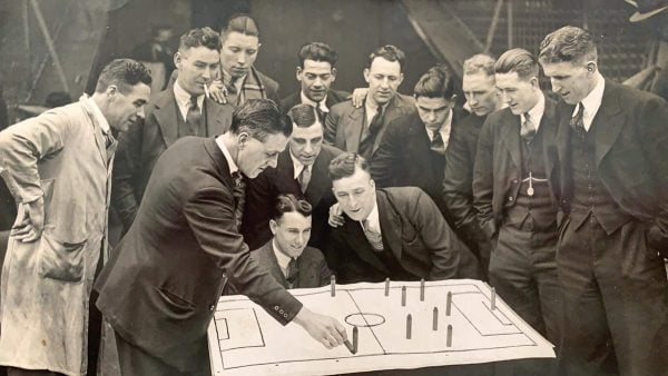 (Please credit within piece: The Bromilow family) Former Liverpool defender Tom Bromilow using a tactics board while manager of Burnley