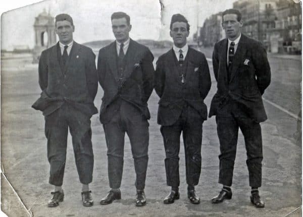 (Please credit within piece: The Bromilow family) Jock McNab, Walter Wadsworth and Tom Bromilow, Liverpool 1920s