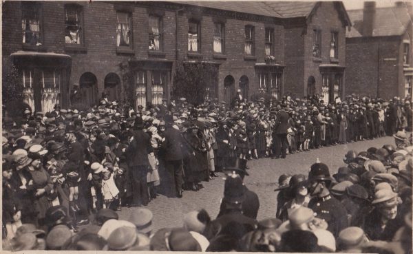 (Please credit within piece: The Bromilow family) Hundreds gather for Liverpool defender Tom Bromilow's wedding, 1923