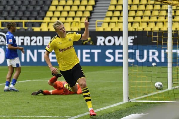 Dortmund’s Erling Haaland saluted the empty stands after scoring on Saturday (Martin Meissner/PA)