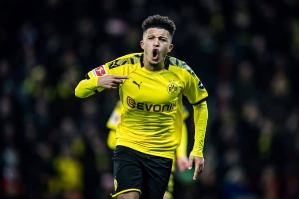 LEVERKUSEN, GERMANY - FEBRUARY 08: Jadon Sancho of Dortmund celebrates a not given goal after video assistant referee (VAR) during the Bundesliga match between Bayer 04 Leverkusen and Borussia Dortmund at BayArena on February 8, 2020 in Leverkusen, Germany. (Photo by Lukas Schulze/Bundesliga/Bundesliga Collection via Getty Images)