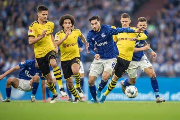 FC Schalke 04 in action during the Bundesliga match between FC Schalke 04 and Borussia Dortmund at Veltins-Arena on October 26, 2019 in Gelsenkirchen, Germany. (Photo by Christian Kaspar-Bartke/Bundesliga/Bundesliga Collection via Getty Images)