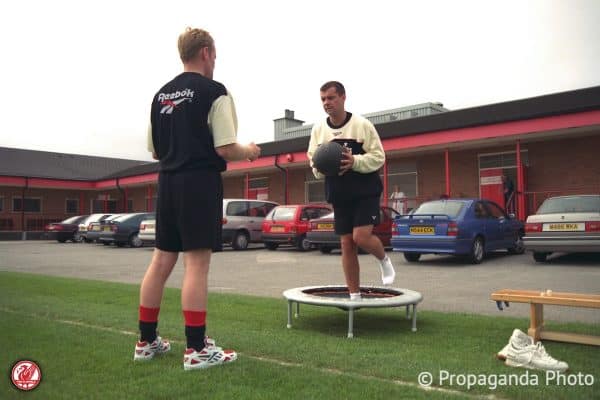 Liverpool defender Steve Harkness trains under the watchful eye of physio Mark Leather as he recovers from a broken leg injury at the club's Melwood Training Ground. (Pic by David Rawcliffe/Propaganda)