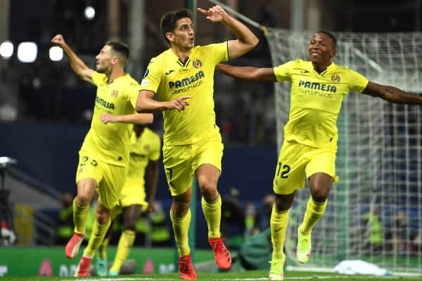 BELFAST, NORTHERN IRELAND - AUGUST 11: Gerard Moreno of Villarreal celebrates after scoring their team's first goal during the UEFA Super Cup 2021 match between Chelsea FC and Villarreal CF at the National Football Stadium at Windsor Park on August 11, 2021 in Belfast, Northern Ireland. (Photo by Lukas Schulze - © UEFA)