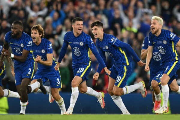 BELFAST, NORTHERN IRELAND - AUGUST 11: Players of Chelsea celebrate after Kepa Arrizabalaga of Chelsea (not pictured) saves the penalty of Raul Albiol of Villarreal (not pictured) to win the the UEFA Super Cup 2021 match between Chelsea FC and Villarreal CF at the National Football Stadium at Windsor Park on August 11, 2021 in Belfast, Northern Ireland. (Photo by Lukas Schulze - © UEFA)