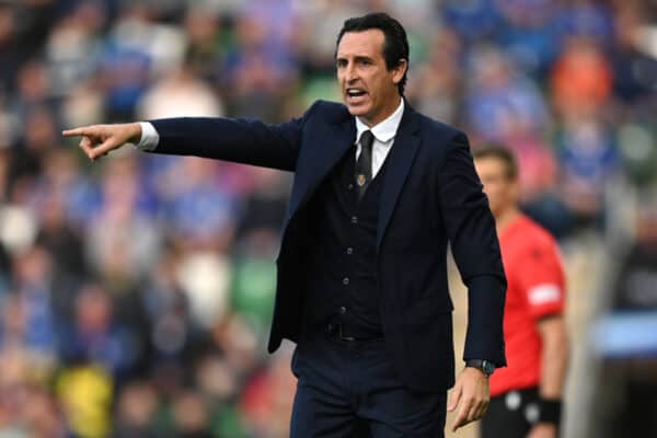  Unai Emery, Head coach of Villarreal gives their team instructions during the UEFA Super Cup 2021 match between Chelsea FC and Villarreal CF at the National Football Stadium at Windsor Park on August 11, 2021 in Belfast, Northern Ireland. (Photo by Lukas Schulze - © UEFA)