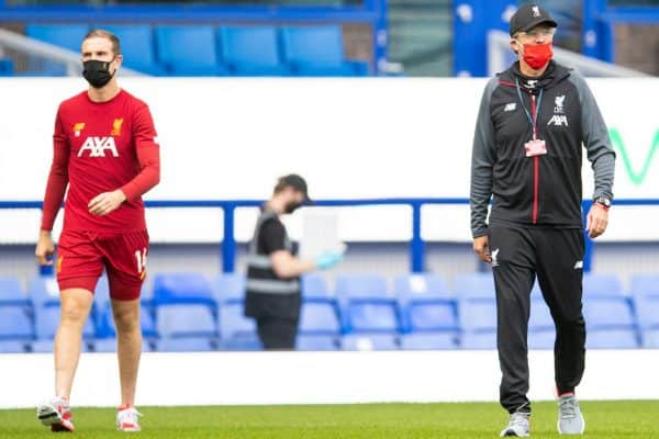 LIVERPOOL, ENGLAND - Sunday, June 21, 2019: Liverpool’s captain Jordan Henderson (L) and manager Jürgen Klopp before the FA Premier League match between Everton FC and Liverpool FC, the 236th Merseyside Derby, at Goodison Park. The game was played behind closed doors due to the UK government’s social distancing laws during the Coronavirus COVID-19 Pandemic. (Pic by David Rawcliffe/Propaganda)