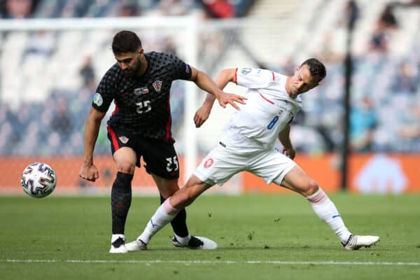 GLASGOW, SCOTLAND - JUNE 18: Josko Gvardiol of Croatia is challenged by Vladimir Darida of Czech Republic during the UEFA Euro 2020 Championship Group D match between Croatia and Czech Republic at Hampden Park on June 18, 2021 in Glasgow, Scotland. (Photo by Steve Bardens - UEFA)