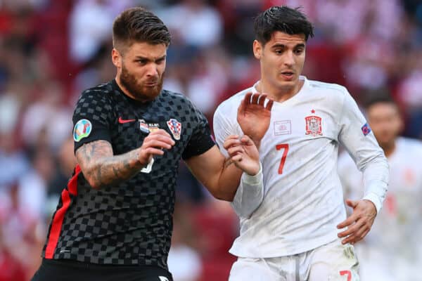 COPENHAGEN, DENMARK - JUNE 28: Duje Caleta-Car of Croatia battles for possession with Alvaro Morata of Spain during the UEFA Euro 2020 Championship Round of 16 match between Croatia and Spain at Parken Stadium on June 28, 2021 in Copenhagen, Denmark. (Photo by Martin Rose - UEFA)