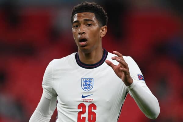 LONDON, ENGLAND - JUNE 22: Jude Bellingham of England looks on during the UEFA Euro 2020 Championship Group D match between Czech Republic and England at Wembley Stadium on June 22, 2021 in London, England. (Photo by Shaun Botterill - UEFA)