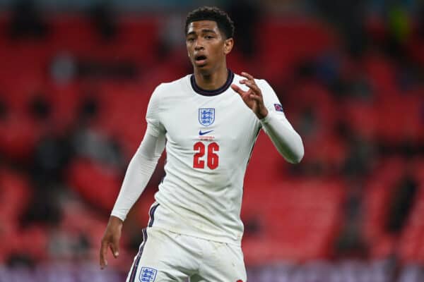 LONDON, ENGLAND - JUNE 22: Jude Bellingham of England looks on during the UEFA Euro 2020 Championship Group D match between Czech Republic and England at Wembley Stadium on June 22, 2021 in London, England. (Photo by Shaun Botterill - UEFA)