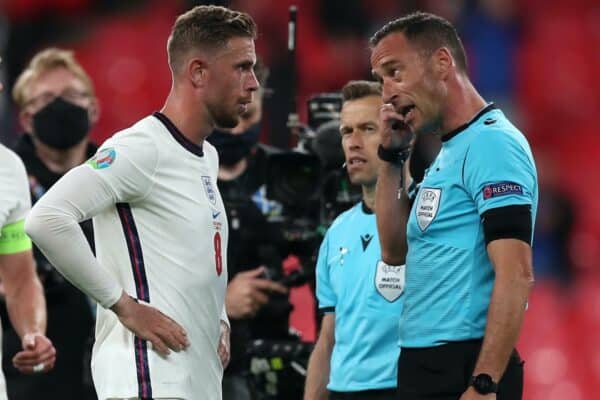 LONDON, ENGLAND - JUNE 22: Jordan Henderson of England interacts with Match Referee, Artur Dias after the UEFA Euro 2020 Championship Group D match between Czech Republic and England at Wembley Stadium on June 22, 2021 in London, England. (Photo by Alex Morton - UEFA/UEFA via Getty Images)