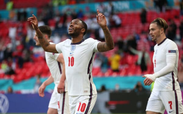 LONDON, ENGLAND - JUNE 22: Raheem Sterling of England celebrates after scoring their team's first goal during the UEFA Euro 2020 Championship Group D match between Czech Republic and England at Wembley Stadium on June 22, 2021 in London, England. (Photo by Alex Morton - UEFA)