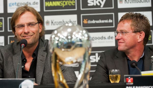 DAP2PA Head coach of the Bundesliga team BVB Borussia Dortmund Juergen Klopp (L) and Ralf Rangnick (Image; dpa picture alliance archive / Alamy Stock Photo)