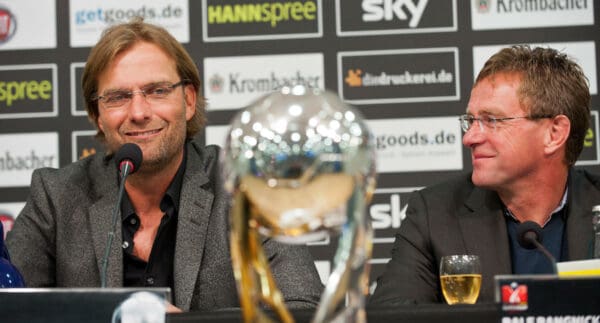 DAP2PA Head coach of the Bundesliga team BVB Borussia Dortmund Juergen Klopp (L) and Ralf Rangnick (Image; dpa picture alliance archive / Alamy Stock Photo)