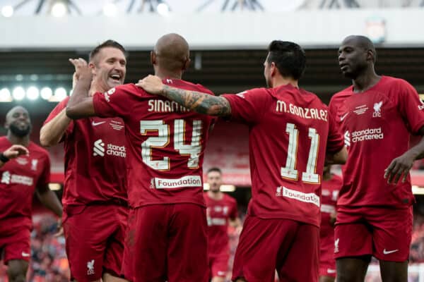 LIVERPOOL, ENGLAND - Saturday, September 24, 2022: Liverpool's Florent Sinama-Pongolle celebrates scoring his sides second goal during the LFC Foundation friendly 'Legends of the North' match between Liverpool FC Legends and Manchester United FC Legends at Anfield. (Pic by Jessica Hornby/Propaganda)