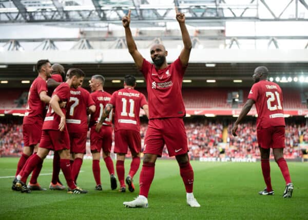 LIVERPOOL, ENGLAND - Saturday, September 24, 2022: Liverpool's Florent Sinama-Pongolle celebrates scoring his sides second goal with team-mates during the LFC Foundation friendly 'Legends of the North' match between Liverpool FC Legends and Manchester United FC Legends at Anfield. (Pic by Jessica Hornby/Propaganda)