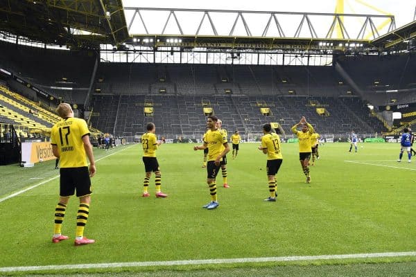 Dortmund players celebrate Erling Haaland’s opener (Martin Meissner)